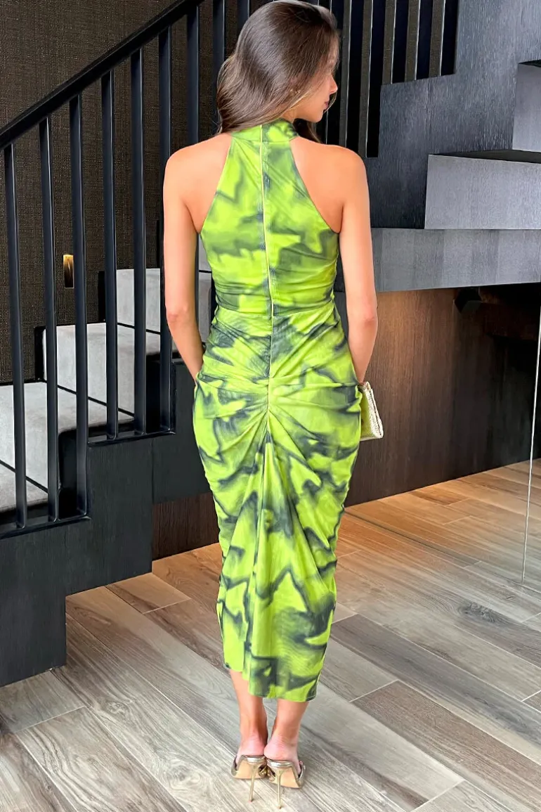 Lime Tie Dye Print Halter Neck Knot Skirt Mesh Midi Dress