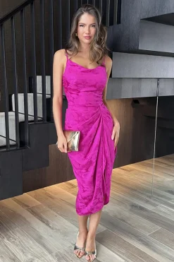 Magenta Embroidered Strappy Cowl Neck Gathered Skirt Midi Dress