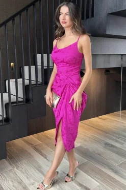 Magenta Embroidered Strappy Cowl Neck Gathered Skirt Midi Dress