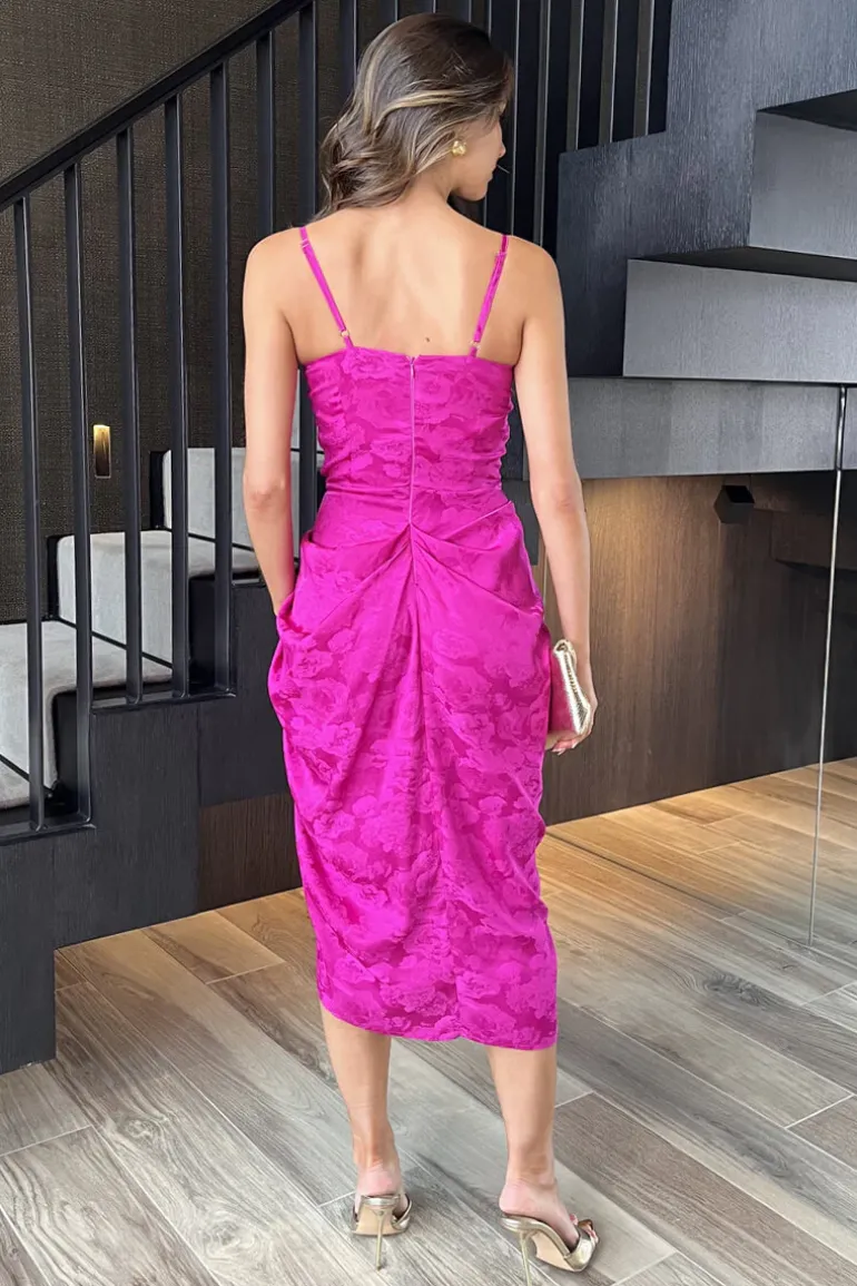 Magenta Embroidered Strappy Cowl Neck Gathered Skirt Midi Dress