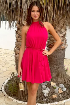 Magenta Halterneck Tie Waist Skater Mini Dress