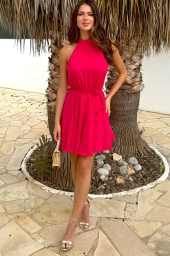 Magenta Halterneck Tie Waist Skater Mini Dress