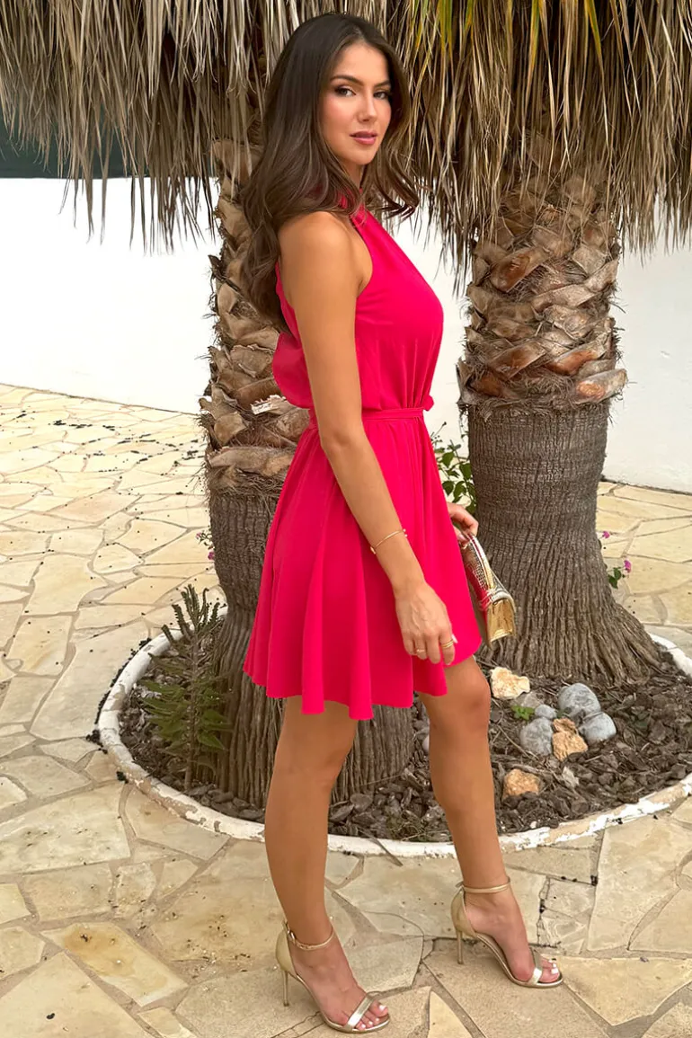 Magenta Halterneck Tie Waist Skater Mini Dress