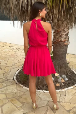 Magenta Halterneck Tie Waist Skater Mini Dress