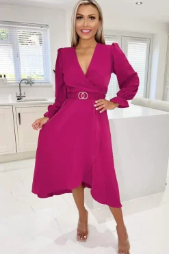 Magenta Long Sleeve Belted Midi Dress