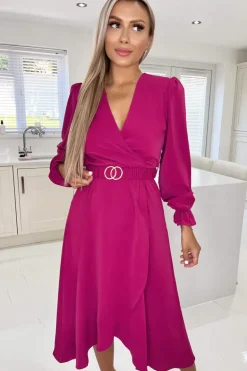 Magenta Long Sleeve Belted Midi Dress