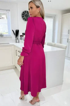Magenta Long Sleeve Belted Midi Dress