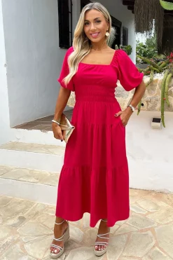 Magenta Puff Sleeve Shirred Waist Smock Midi Dress