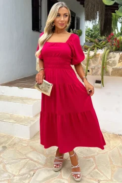 Magenta Puff Sleeve Shirred Waist Smock Midi Dress