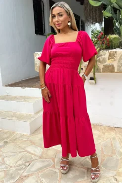 Magenta Puff Sleeve Shirred Waist Smock Midi Dress