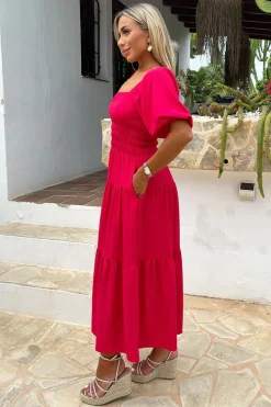 Magenta Puff Sleeve Shirred Waist Smock Midi Dress
