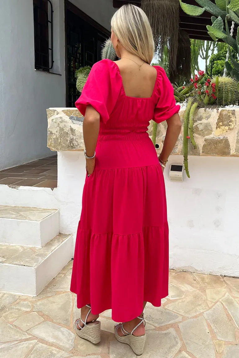 Magenta Puff Sleeve Shirred Waist Smock Midi Dress