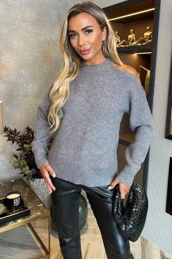 Mid- Grey Cut Out Shoulder Chain Detail Knit Jumper