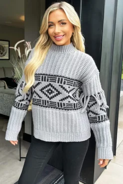 Mid Grey Fairisle Fringe Sleeve Detail Knitted Jumper