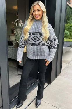 Mid Grey Fairisle Fringe Sleeve Detail Knitted Jumper