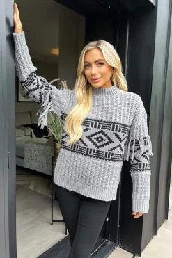 Mid Grey Fairisle Fringe Sleeve Detail Knitted Jumper