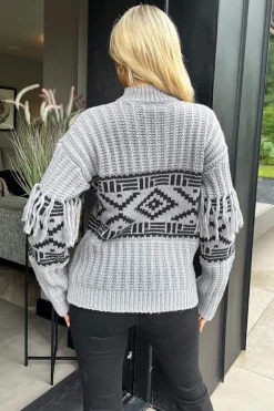 Mid Grey Fairisle Fringe Sleeve Detail Knitted Jumper