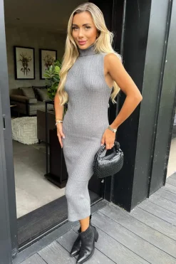 Mid Grey Knitted Midi Dress And Cardigan Co-ord
