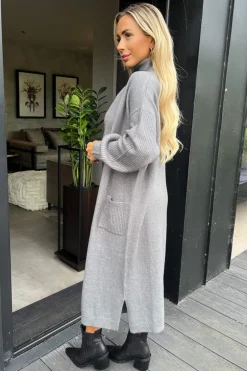 Mid Grey Knitted Midi Dress And Cardigan Co-ord