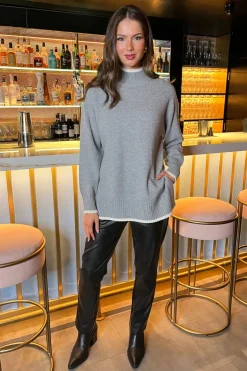 Mid Grey Mock Neck Side Split Contrast Hem Knitted Jumper
