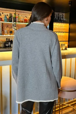 Mid Grey Mock Neck Side Split Contrast Hem Knitted Jumper