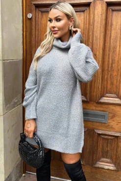 Mid- Grey Roll Neck Knitted Mini Dress
