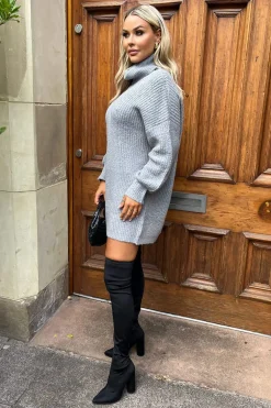 Mid- Grey Roll Neck Knitted Mini Dress