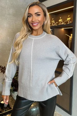 Mid Grey Round Neck Contrast Piping Detail Jumper