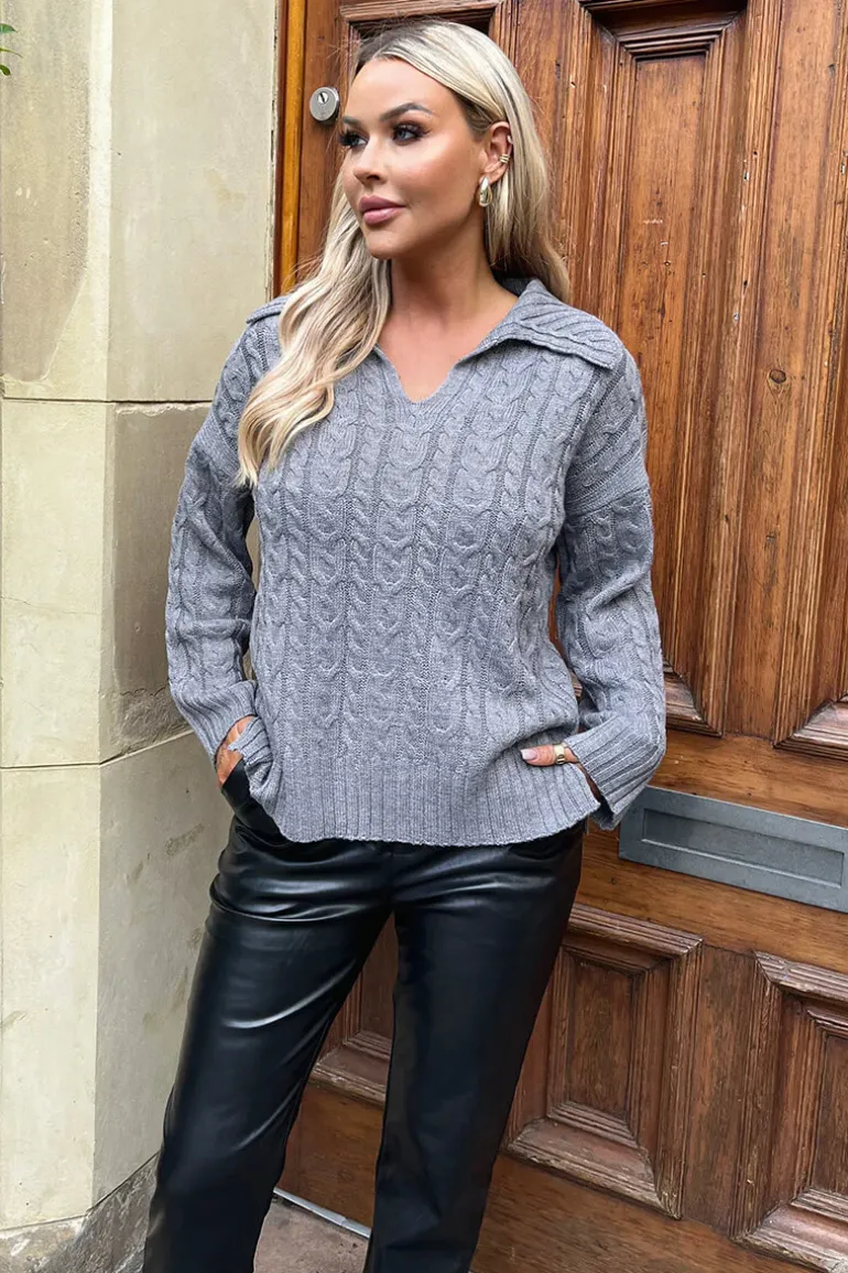 Mid- Grey V- Neck Collared Cable Knit Jumper