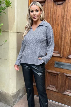 Mid- Grey V- Neck Collared Cable Knit Jumper