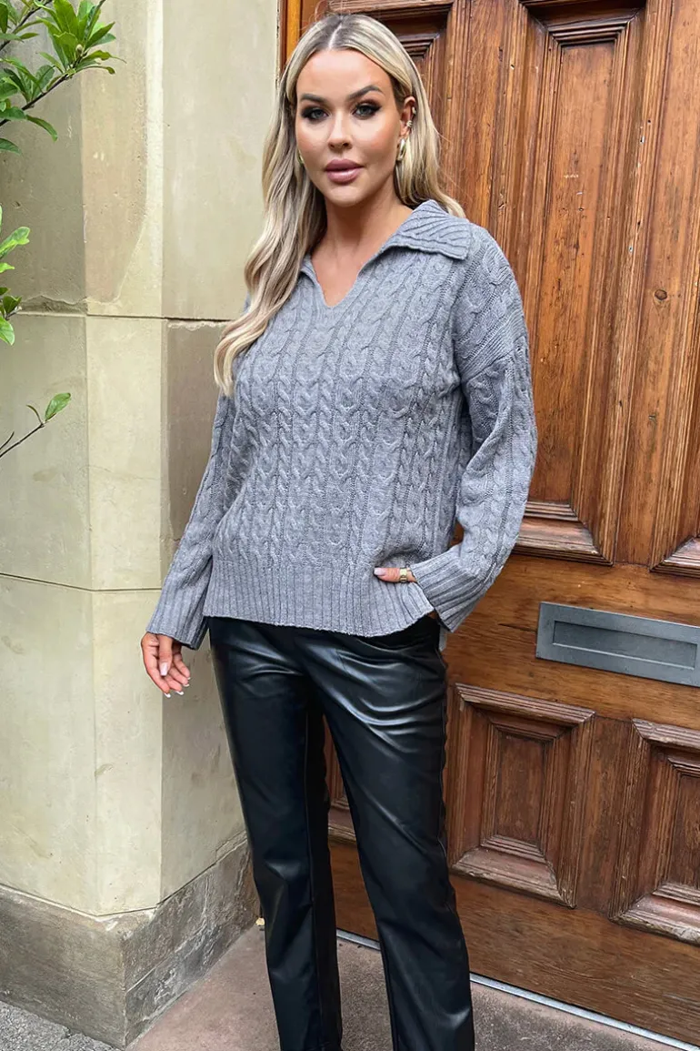 Mid- Grey V- Neck Collared Cable Knit Jumper