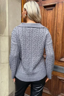 Mid- Grey V- Neck Collared Cable Knit Jumper