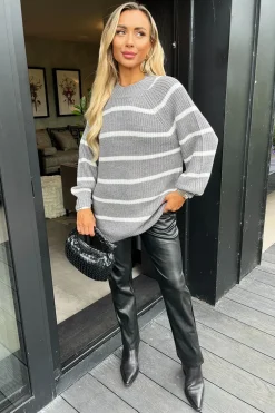 Mid-Grey And Cream Oversized Stripe Knit Jumper