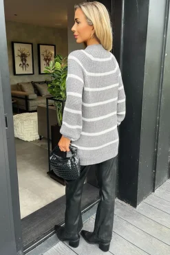 Mid-Grey And Cream Oversized Stripe Knit Jumper