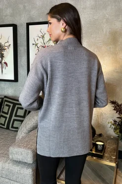 Mid-Grey Shoulder Button Detail Knit Jumper