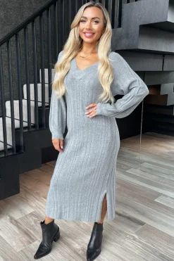 Mid-Grey V-Neck Knitted Midi Dress