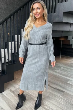 Mid-Grey V-Neck Knitted Midi Dress