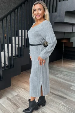Mid-Grey V-Neck Knitted Midi Dress