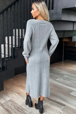 Mid-Grey V-Neck Knitted Midi Dress