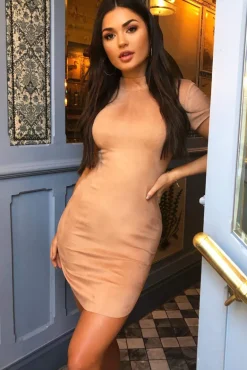 Mink Faux Suede Mini Dress with High Neck