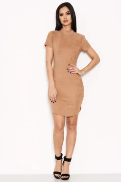 Mink Faux Suede Mini Dress with High Neck