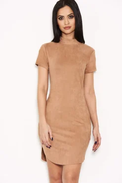 Mink Faux Suede Mini Dress with High Neck