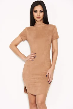 Mink Faux Suede Mini Dress with High Neck
