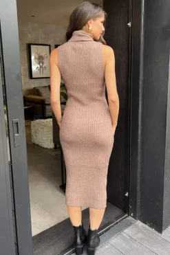 Mink Knitted Midi Dress And Cardigan Co-ord