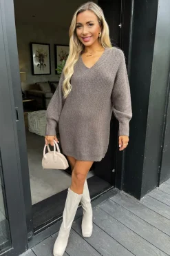 Mink V-Neck Knitted Jumper Dress