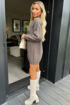 Mink V-Neck Knitted Jumper Dress