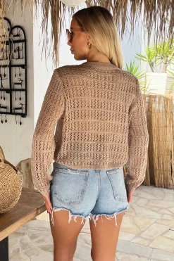 Mocha Crochet Round Neck Long Sleeve Top
