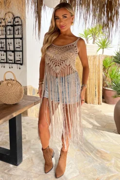 Mocha Open Knit Crochet Fringe Hem Crop Top
