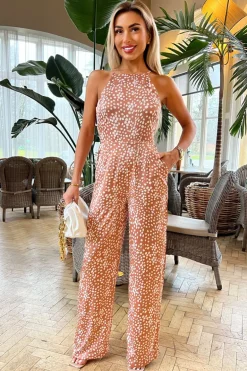 Mocha Polka Dot High Neck Jumpsuit