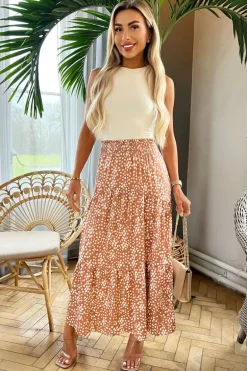 Mocha Print Shirred Waist Maxi Skirt